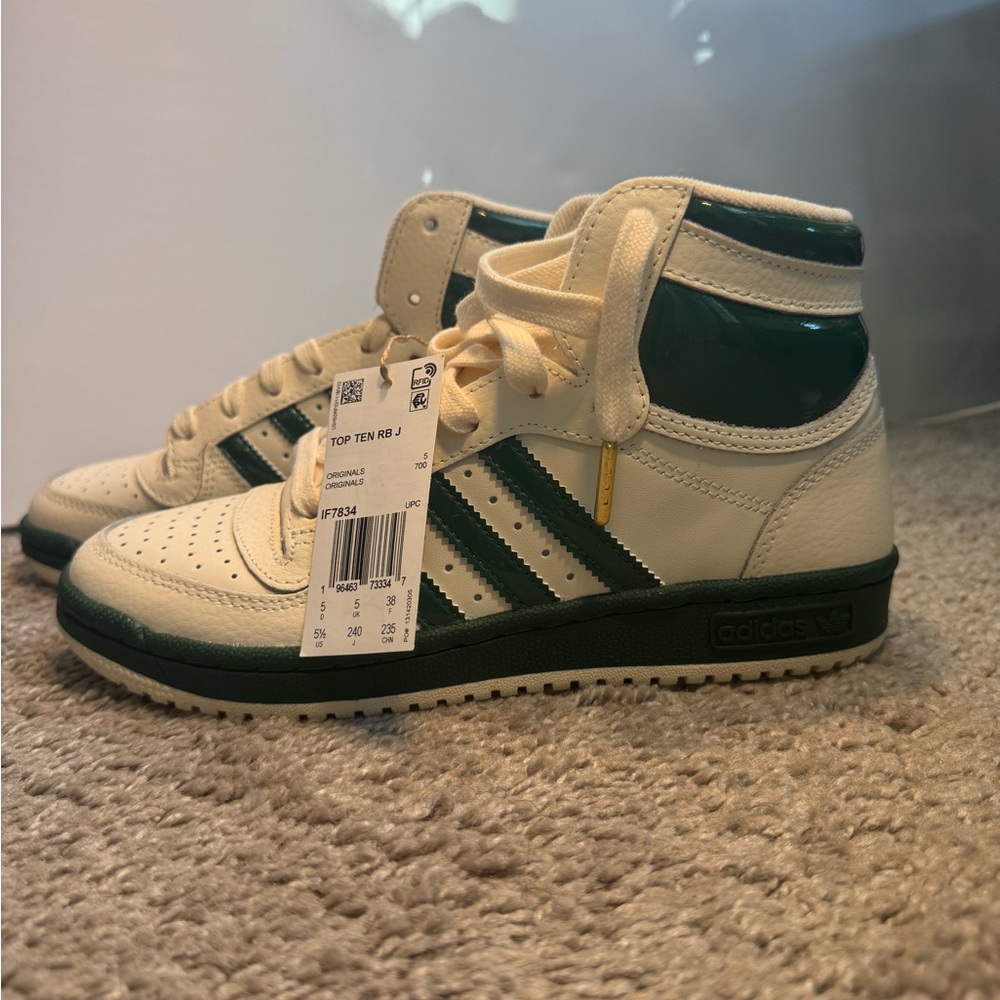 Adidas Cream and Dark Green High-Top Sneakers